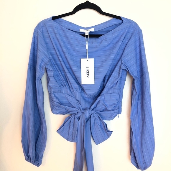 NWT LIKELY FRONT TIE TOP M Blue long sleeve striped top cropped cotton shirt - Picture 3 of 12